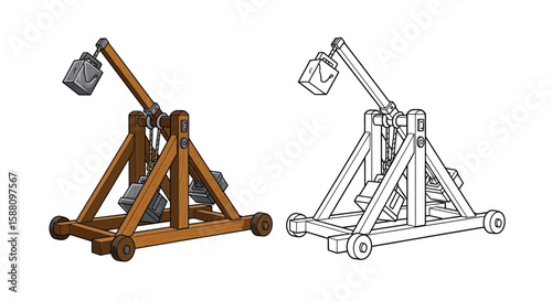 Medieval Trebuchet Coloring Page with Colored and Outline Designs Siege Engine Art