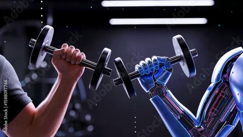 Human and robotic arm lifting a dumbbell together in a gym, showcasing strength and technology