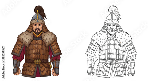 Mongol General Coloring Page with Colored and Outline Depiction Historical Military Figure