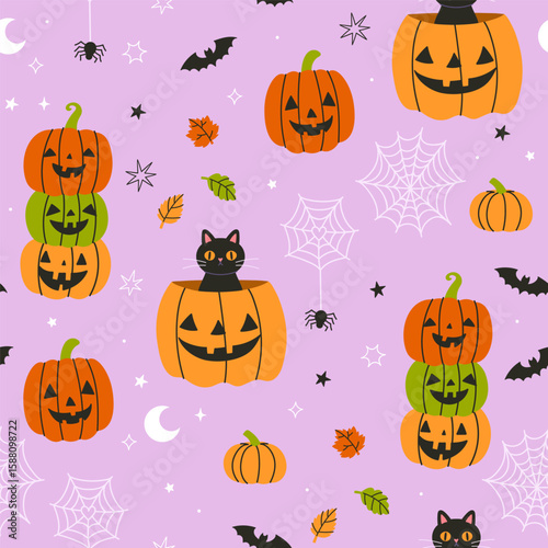 Halloween seamless pattern with pumpkins and black cats. Vector graphics.