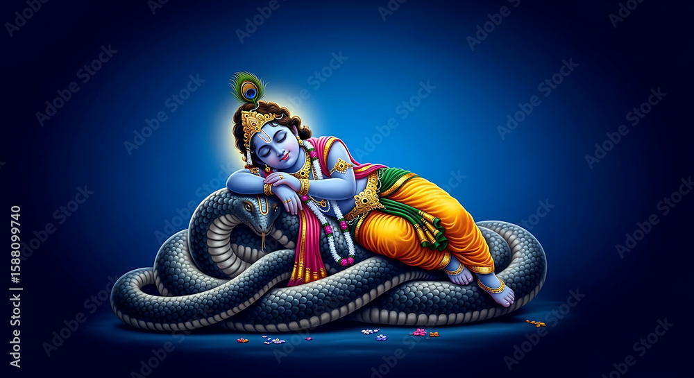 Obraz premium Sleeping Blue Krishna on a Serpent with Peacock Feather Against Blue Background