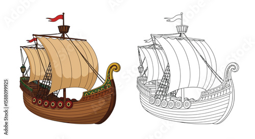 Phoenician Merchant Vessel Coloring Page with Realistic and Outline Ship Ancient Trade