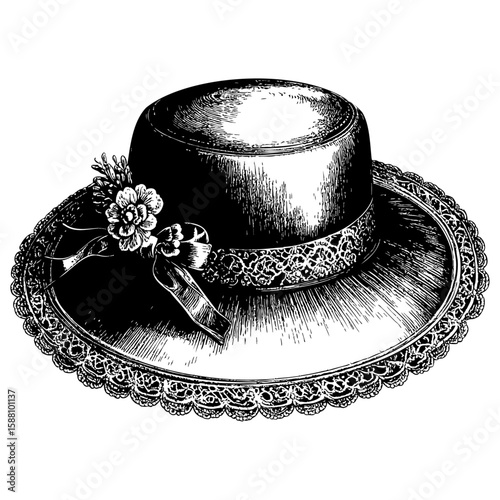 Victorian Hat with Ribbon and Flowers – Vintage Copperplate Engraving