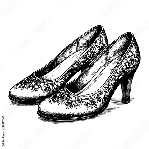 Victorian Embroidered Shoes – Elegant Vintage Engraving