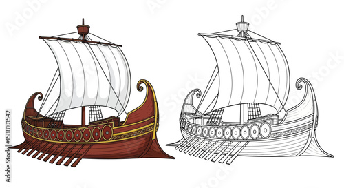 Roman War Galley Coloring Page with Full Color and Outline Design Ancient Naval Battle