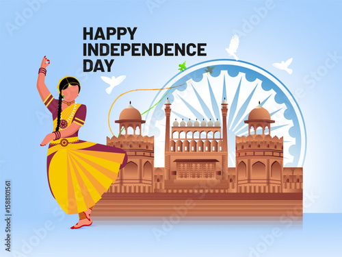 Happy Independence day celebration background design with tricolor flag and red fort gate. Vector Illustration.