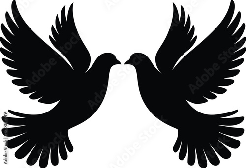 Two black silhouettes of doves facing each other with wings spread