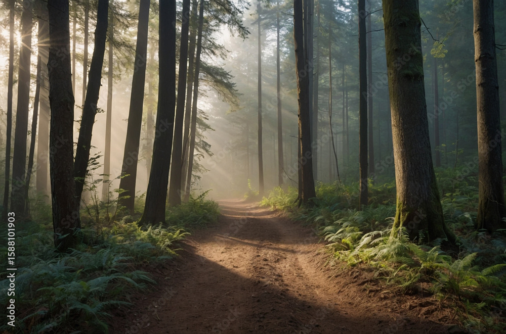 Fototapeta premium Narrow forest trail formed from packed dirt stretching into layered morning mist framed by towering trees and gentle sunlight filtering through creating a calming wilderness scene
