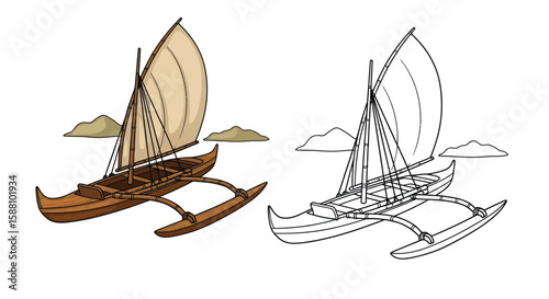 Polynesian Outrigger Canoe Coloring Page with Realistic and Outline Pairs Indigenous Travel