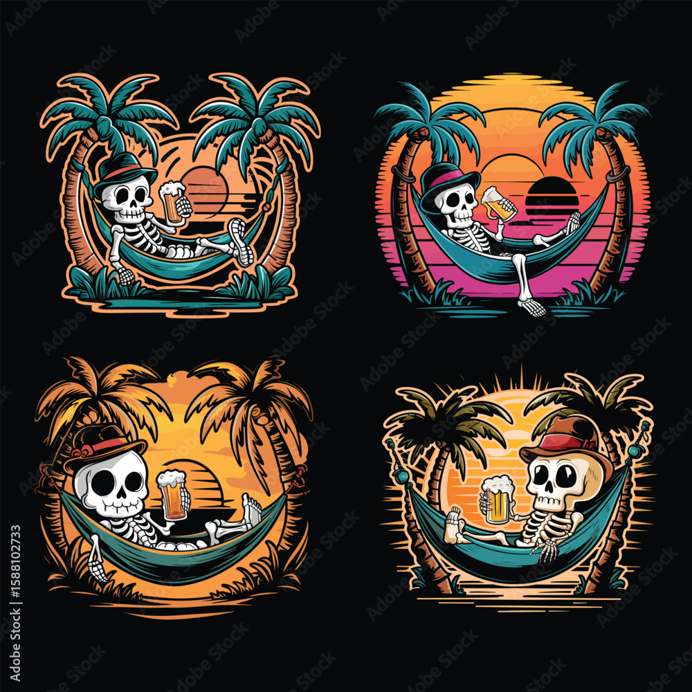 Obraz premium Skeleton relaxing in hammock with beer palm trees beach
