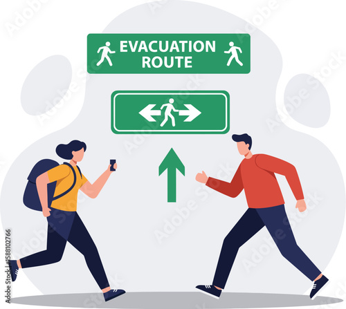 Emergency Exit Route - Flat Vector Illustration for Evacuation Sign