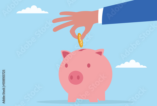 Vector illustration of a hand inserting a coin into a pink piggy bank, symbolizing saving money, financial planning, investment, and building a secure economic future