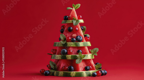 Watermelon Christmas Tree with Berries on Red Background