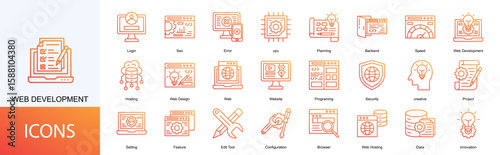 web development icon collection set. Containing Login, Seo, Error, cpu, Planning icon