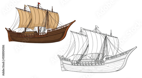 Southeast Asian Balangay Ship Coloring Page with Detailed Colored and Outline Maritime History