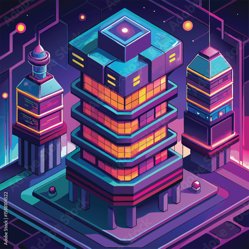 AI Urban Hive with Neon Lit Chambers and Skyways Vector