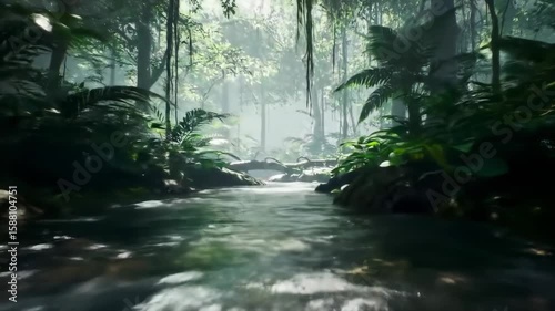 Lush jungle stream, tranquil forest