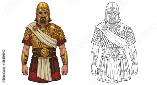 Sumerian General Coloring Page with Detailed Colored and Outline Armor Ancient History