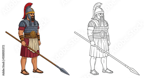 Sumerian Guard Coloring Page with Colored and Outline Design Ancient City Protection Art