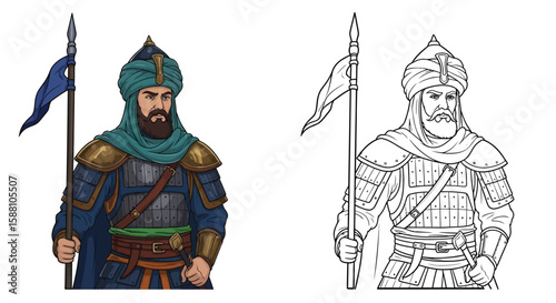 Turkish Seljuk General Coloring Page with Colored and Outline Detail Medieval Islamic Art