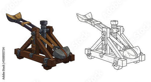 Viking Catapult Coloring Page with Colored and Outline Catapults Norse Siege Weapon Art