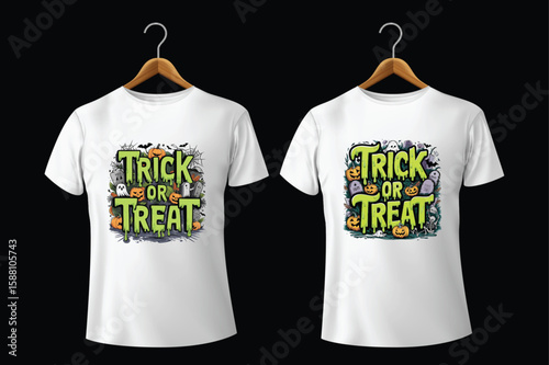 Halloween trick or treat graphic on white t shirts