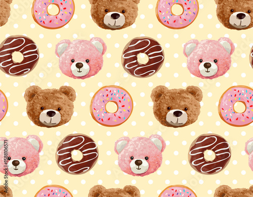 cute bear dolls and donuts seamless pattern vector illustration