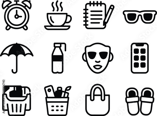 Collection of everyday life icons including alarm clock coffee umbrella phone and more