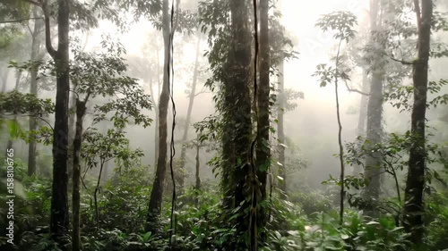 Lush rainforest canopy, misty morning