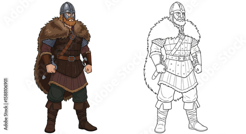 Viking Warrior Coloring Page with Detailed Colored and Outline Versions Norse Military