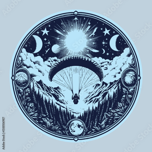 skybound paragliding moment above mountain hush in classic vector art