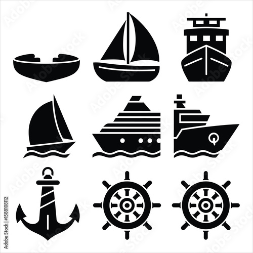 Nautical symbols including boats ships anchor and wheels sailboat cruise ship