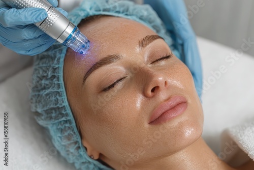 Closeup of woman receiving hydrafacial treatment on her forehead. It shows beauty treatments in spa for skincare and anti-aging.