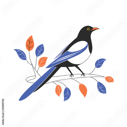 Beautiful Magpie Bird on Branch with Autumn Leaves