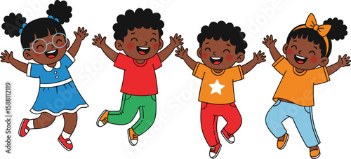 Cheerful group of diverse young children jumping with excitement and happiness, illustrating playful childhood, energy, and freedom.