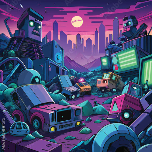 Cyber Junkyard with Glowing AI Scrap Bots Neon Vector