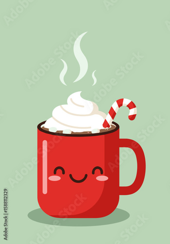 Red mug with hot chocolate and whipped cream on green background  