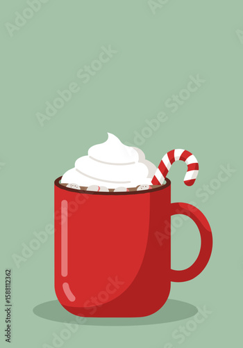 Red mug filled with whipped cream and candy cane on green background  