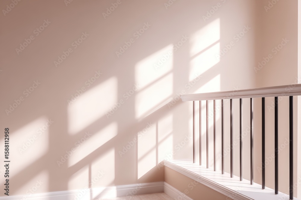 Fototapeta premium Soft sunlight casts gentle shadows on a minimalist staircase with white railing, creating a serene and inviting atmosphere in the interior space