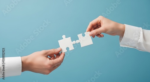 Two hands connecting puzzle pieces, symbolizing teamwork and solutions