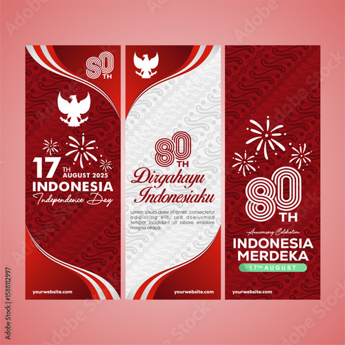 Red white stand banner set of 80th years Indonesia Independence day 2025 with 80th logo, festive elements on beautiful  batik pattern background. Best for Dirgahayu Indonesia 80 celebration banner