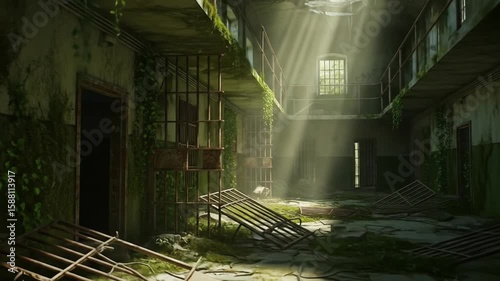 Sunbeams illuminate a decaying, overgrown prison hallway.