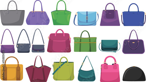 Collection of Colorful Women's Handbags and Purses in Flat Design Style