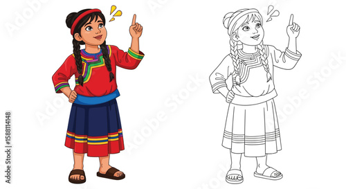 Resourceful Clever Young Girl from Folk Tale Coloring Page Offering Full Color Line Art