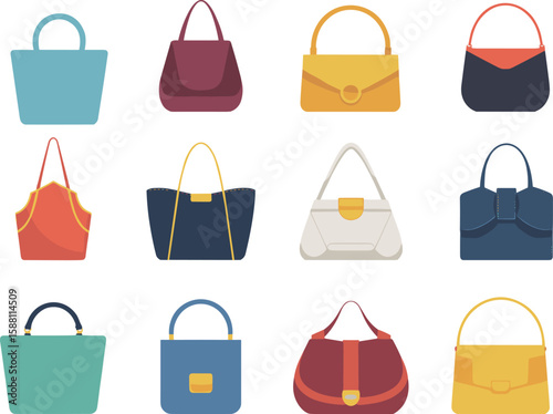 Collection of Colorful Women's Handbags and Purses in Flat Design Style