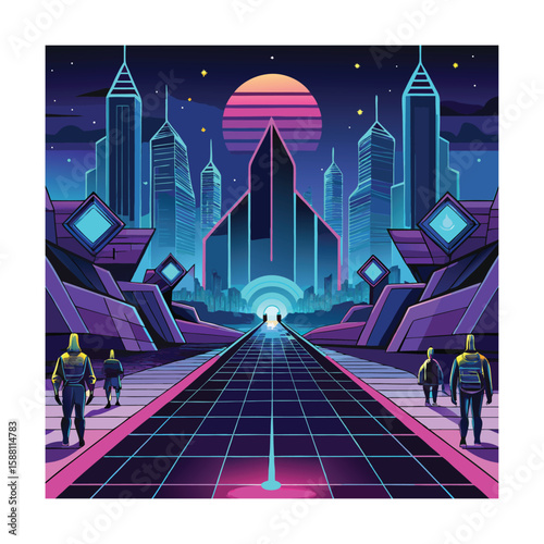 Cyber Promenade with Glowing AI Decorative Lights Vector