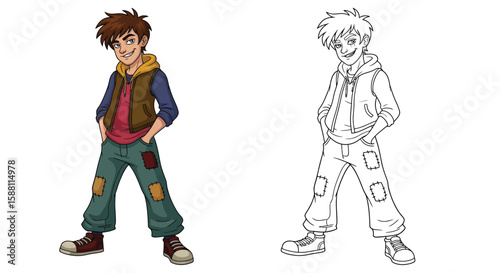 Clever Crafty Village Teen Coloring Page Featuring Full Color and Sketch Outline Art