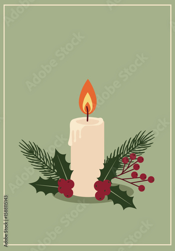 Candle with holly and pine decorations symbolizing Christmas  