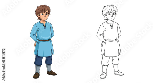 Resilient Curious Orphan Boy Coloring Page Featuring Full Color and Sketch Outline Art