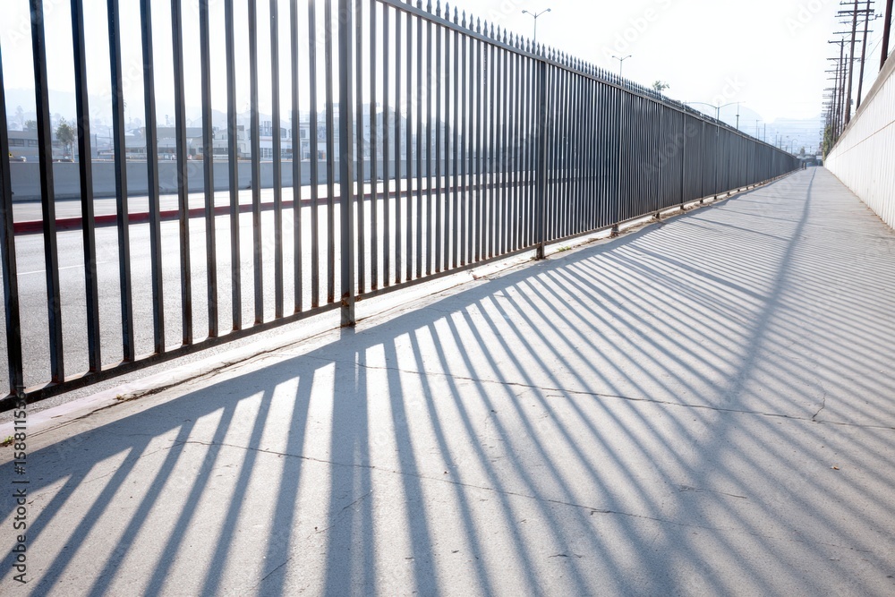 Fototapeta premium Shadows cast by a metal fence create striking patterns on a concrete sidewalk in a modern urban environment with soft morning light